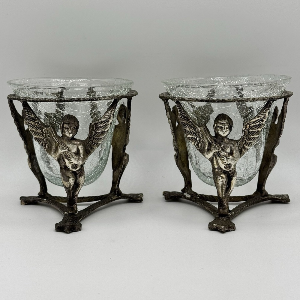 Vintage Crackle Glass Candle Holders w/ Brass Cherub Angel Stands – Set of 2‎